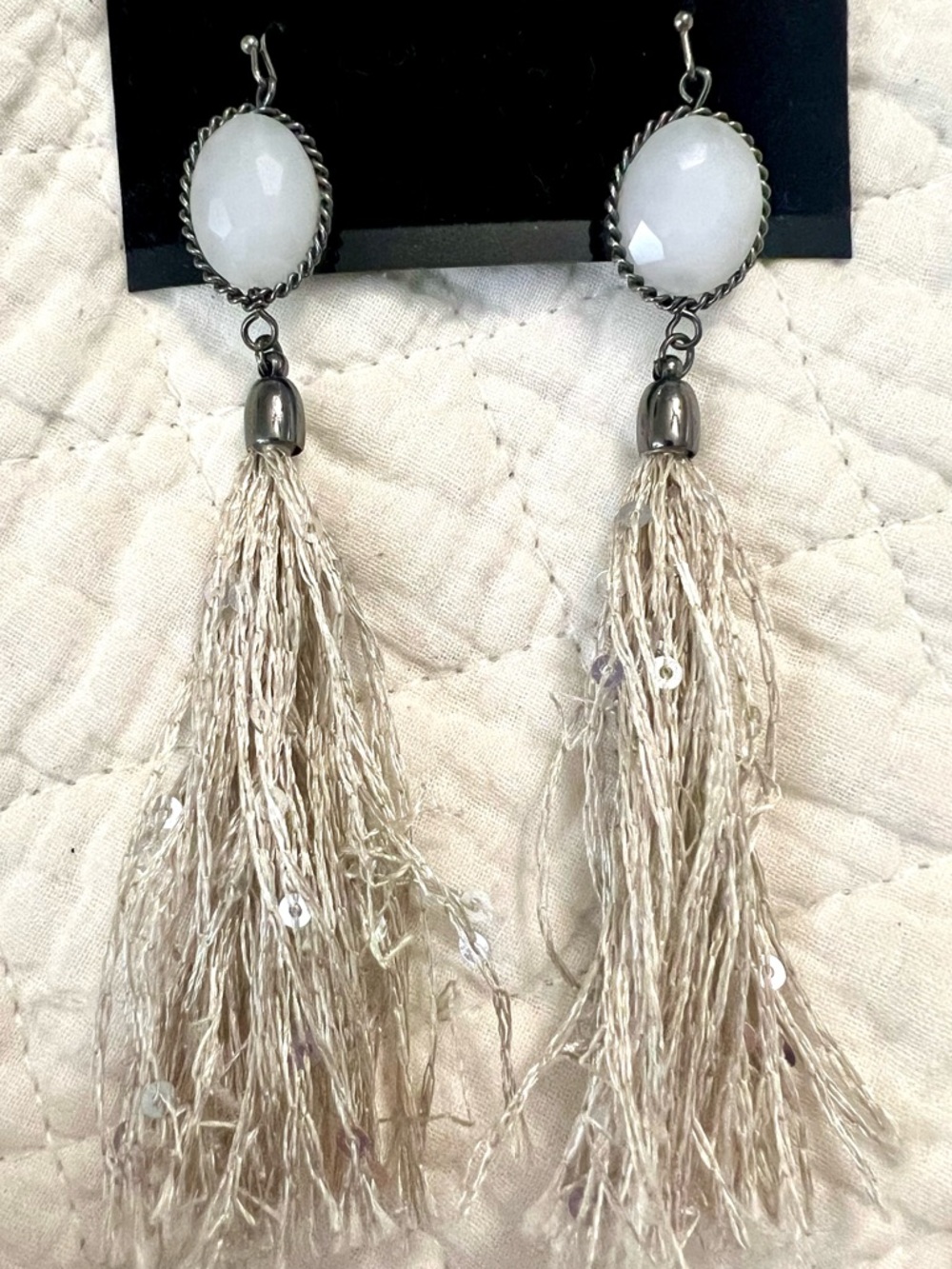 Elegant White Cabochon and Champagne Tassel Earrings